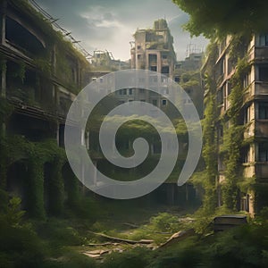 Post-apocalyptic depiction of nature reclaiming a ruined metropolis, with vines and greenery everywhere3 photo