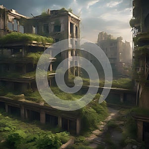 Post-apocalyptic depiction of nature reclaiming a ruined metropolis, with vines and greenery everywhere4 photo
