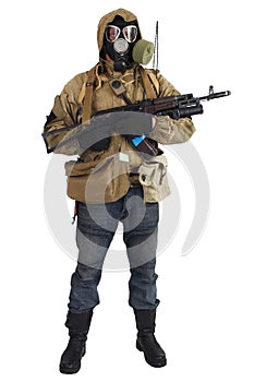 Post-apocalyptic fiction concept - stalker in gas mask with ak-47 gun