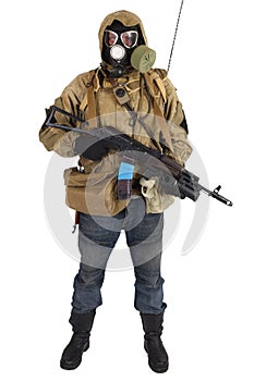 Post-apocalyptic fiction concept - stalker in gas mask with ak-47 gun