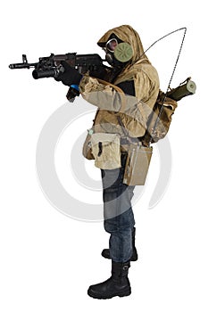 Post-apocalyptic fiction concept - stalker in gas mask with ak-47 gun