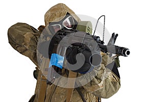 Post-apocalyptic fiction concept - stalker in gas mask with ak-47 gun