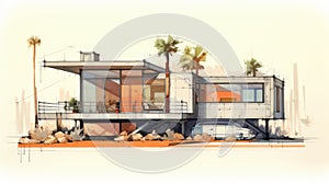 Post-apocalyptic Futuristic Sketch Of Modern Home In Palm Springs