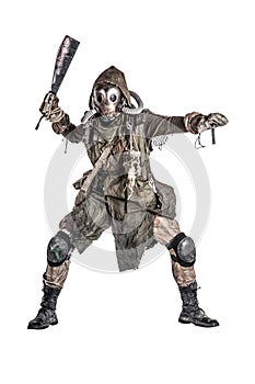 Post apocalyptic human threatening with cane knife