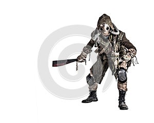 Post apocalyptic human threatening with cane knife