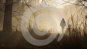 Post-apocalyptic Journey: A Man Walking Through Woods In Enigmatic Fog