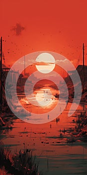 Post-apocalyptic Lake With Red Sun Illustration