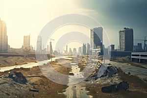 Post-apocalyptic landscape. City after the effects of global warming. Climate changes concept