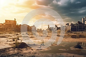 Post-apocalyptic landscape. City after the effects of global warming. Climate changes concept