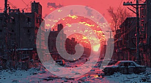 Post-apocalyptic landscape, destroyed city at sunset in winter, pixel art