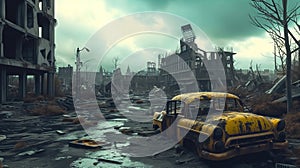 Post apocalyptic landscape with ruined city after nuclear war