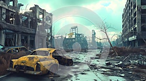 Post apocalyptic landscape with ruined city after nuclear war