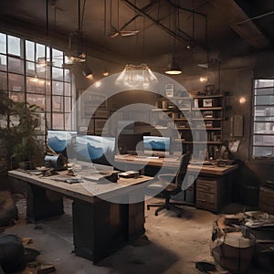 A post-apocalyptic office where employees repurpose discarded materials to create their workspaces and tools1