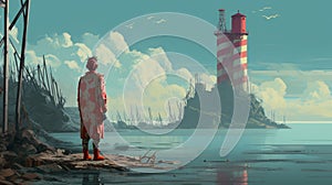 Post-apocalyptic Piratepunk: Woman And Lighthouse In Lucid Cyan And Crimson