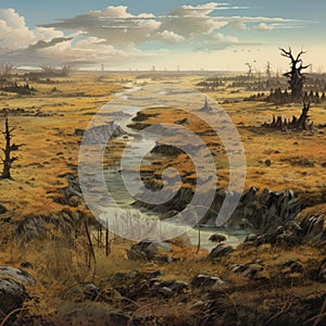 Post-apocalyptic Prairie: Hyper-realistic Illustration Of A Barren Landscape photo