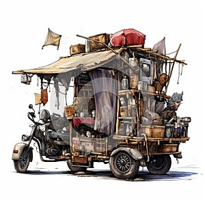 Post-apocalyptic Rickshaw Illustration On White Background