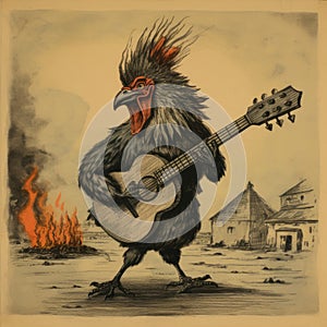 Post-apocalyptic Rooster: A Fiery Cumbia Band Cover Disc Illustration