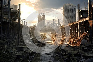 A post-apocalyptic ruined city,apocalyptic background. Created with Generative Ai technology