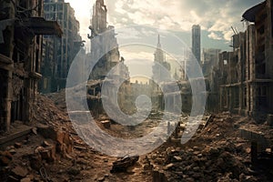 A post-apocalyptic ruined city,apocalyptic background. Created with Generative Ai technology