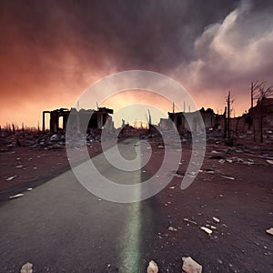 A post-apocalyptic ruined city. Destroyed buildings, burnt-out vehicles and ruined roads. 3D rendering