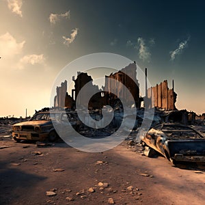 A post-apocalyptic ruined city. Destroyed buildings, burnt-out vehicles and ruined roads. 3D rendering