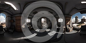 Post-apocalyptic ruined city. Destroyed buildings 360 Panorama HDRI interior.