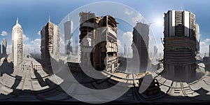 Post-apocalyptic ruined city. Destroyed buildings 360 Panorama HDRI