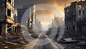 Post-apocalyptic ruined city. Destroyed buildings and ruined roads. Destruction and decay