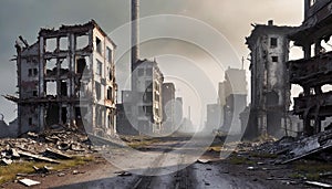 Post-apocalyptic ruined city. Destroyed buildings and ruined roads. Destruction and decay