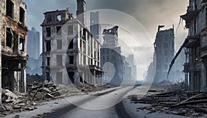 Post-apocalyptic ruined city. Destroyed buildings and ruined roads. Destruction and decay