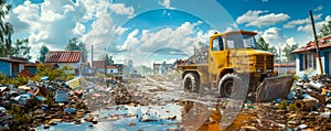 Post Apocalyptic Scene with Abandoned Yellow Truck Amongst Ruined Buildings Under Dramatic Cloudy Sky