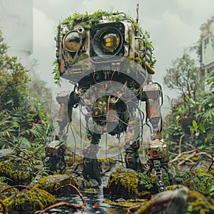 A post apocalyptic scene with a mechanical survivor constructed from obsolete electronics