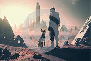 Post apocalyptic scenery showing a man and a dog standing on city ruins, digital art style, cartoonish style