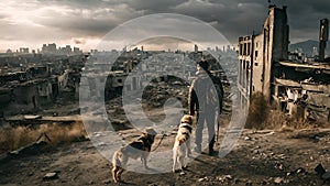 Post apocalyptic scenery showing a man and a dog standing on city ruins, digital art style, cartoonish style