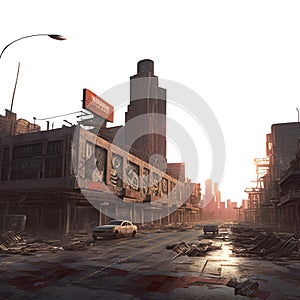 post apocalyptic skyline. isolated transparent PNG file. sunset. debris.