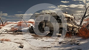 Post-apocalyptic Snow Scene With Destructible Truck In Untouched Terrain