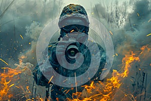 Post Apocalyptic Survivor in Gas Mask and Tattered Clothing Amidst Fiery Ruins