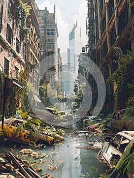 A post-apocalyptic urban scene with overgrown vegetation, abandoned buildings, and a flooded street reflecting the