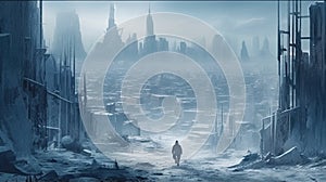 Post Apocalyptic view of a city covered in ice