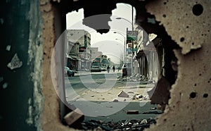 Post-Apocalyptic View of Desolate War-Torn Street Through Crumbling Wall