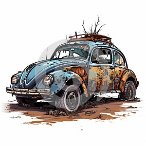 Post-apocalyptic Volkswagen Bug: Detailed Cartoon Illustration With Realistic Brushwork