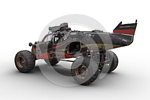 Post apocalyptic wasteland car made from scrap plane parts. Isolated 3D rendering