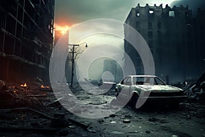 Post apocalyptic wasteland a city in ruins, with burnt out vehicles and buildings