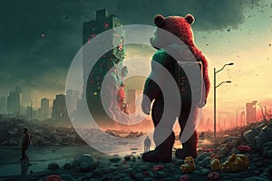 post-apocalyptic world where the remnants of society are being overrun by giant, animated gummy bears illustration generative ai