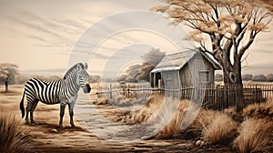 Post-apocalyptic Zebra Painting Near Farm And Trees