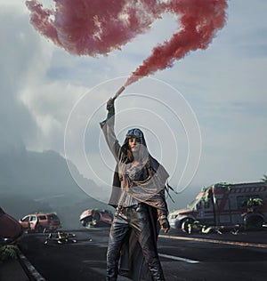 Post apocalyptyc image, brunette beauty posing with wrecked cars