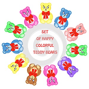 Post card from bears of different colors arranged in a circle.