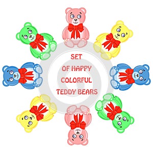 Post card from bears of different colors arranged in a circle.