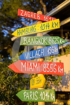 Post with colorful signs pointing to different cities in the world