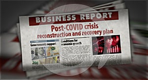 Post-COVID crisis reconstruction and recovery plan retro newspaper illustration